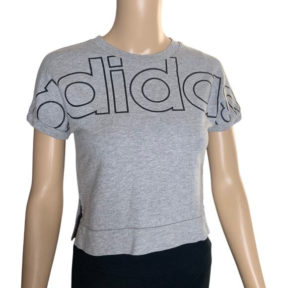 Adidas Women's Small Crop Top Graphic Logo Short Sleeve Gray Black 100% Cotton - Picture 1 of 6